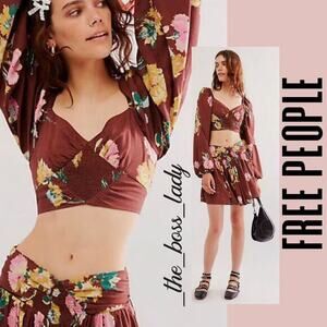 Free People set co-ord mini skirt and crop top floral pleated smocked